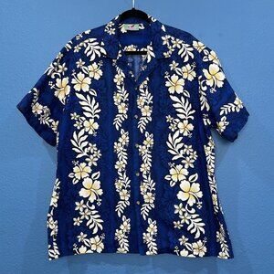 Vintage Jade Fashions Made In Hawaii Blue Yellow Hawaiian Button Up Shirt Men XL